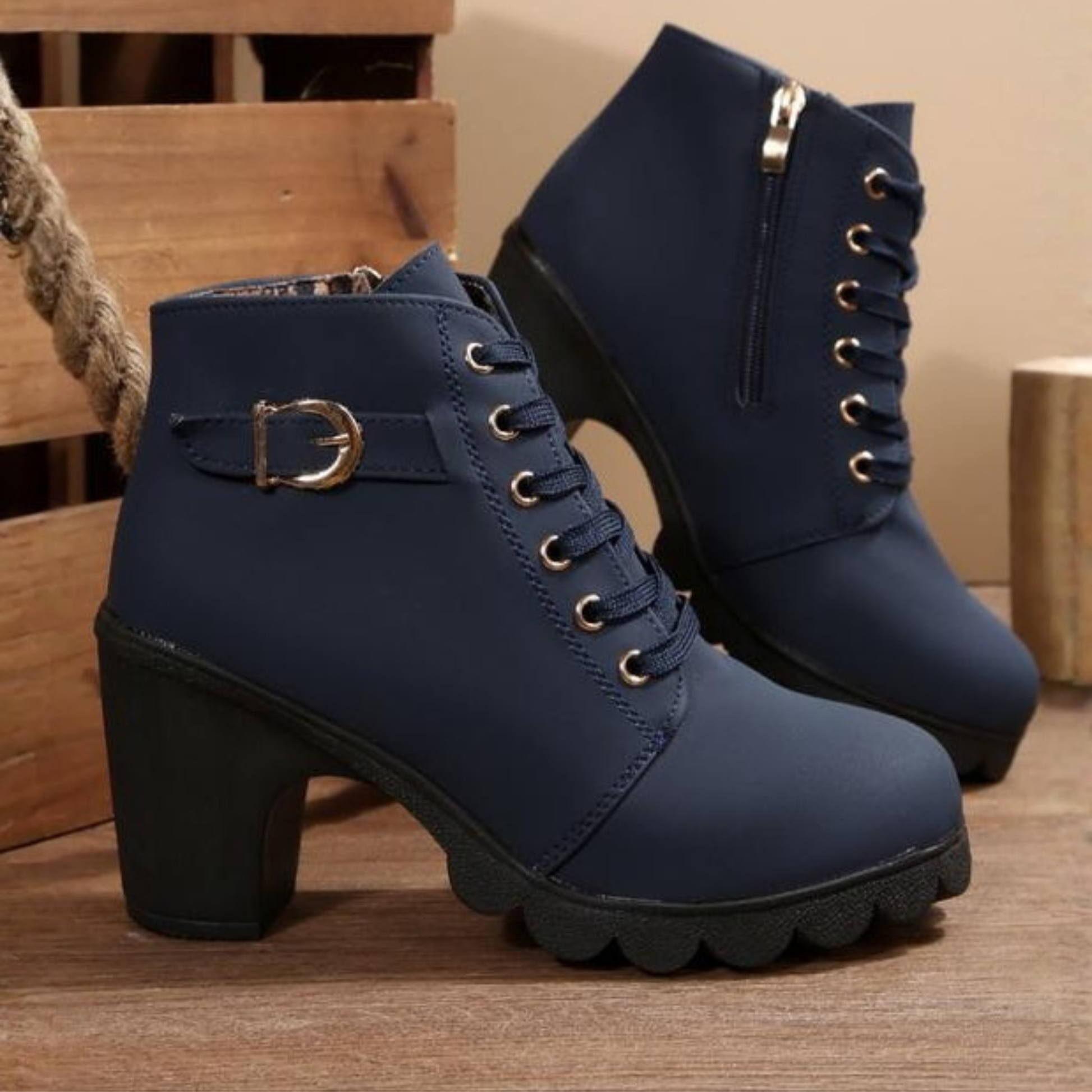 Image of Nicole | Dames Veterschoenen Blokhak Enkellaarsjes