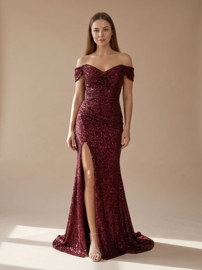 Off-shoulder maxi-kerstfeestjurk met pailletten en zijsplit voor dames