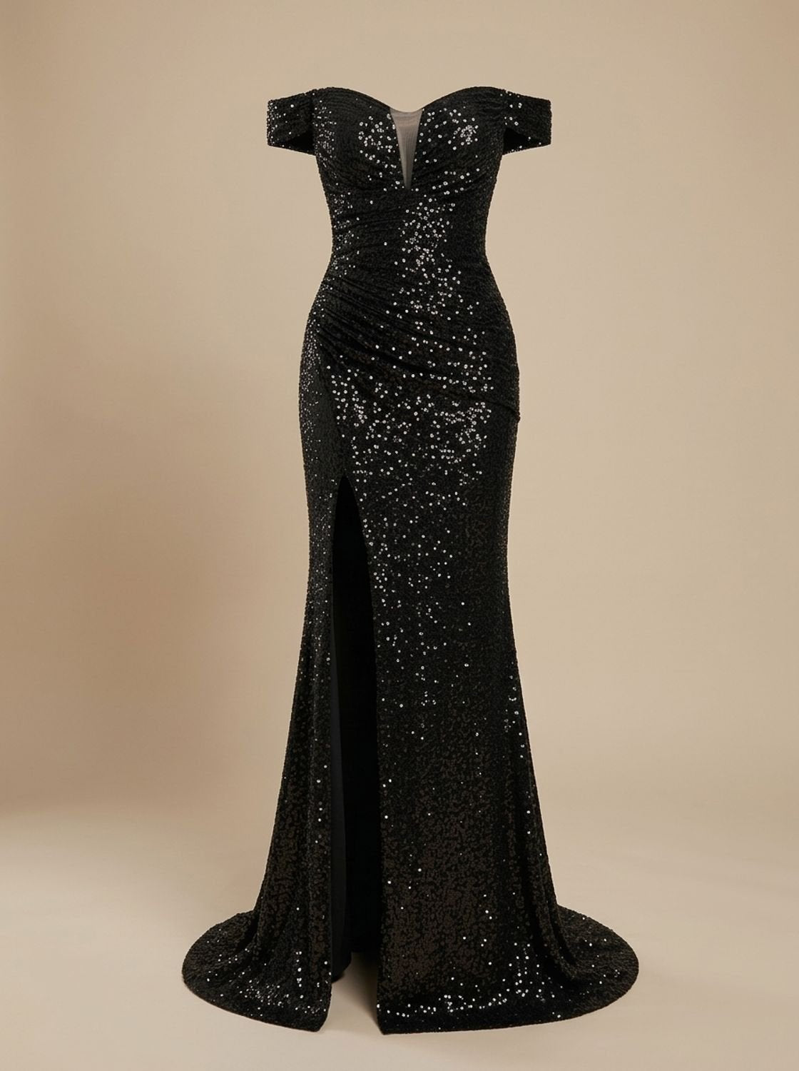 Off-shoulder maxi-kerstfeestjurk met pailletten en zijsplit voor dames