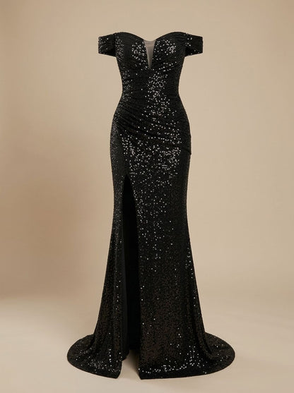 Off-shoulder maxi-kerstfeestjurk met pailletten en zijsplit voor dames