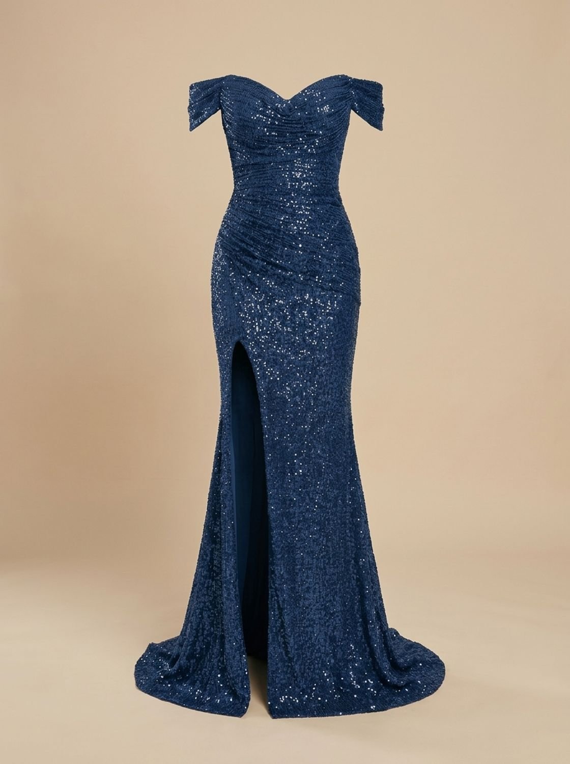 Off-shoulder maxi-kerstfeestjurk met pailletten en zijsplit voor dames
