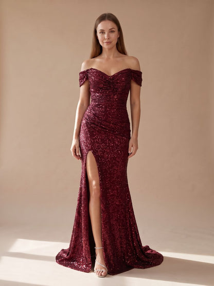 Off-shoulder maxi-kerstfeestjurk met pailletten en zijsplit voor dames