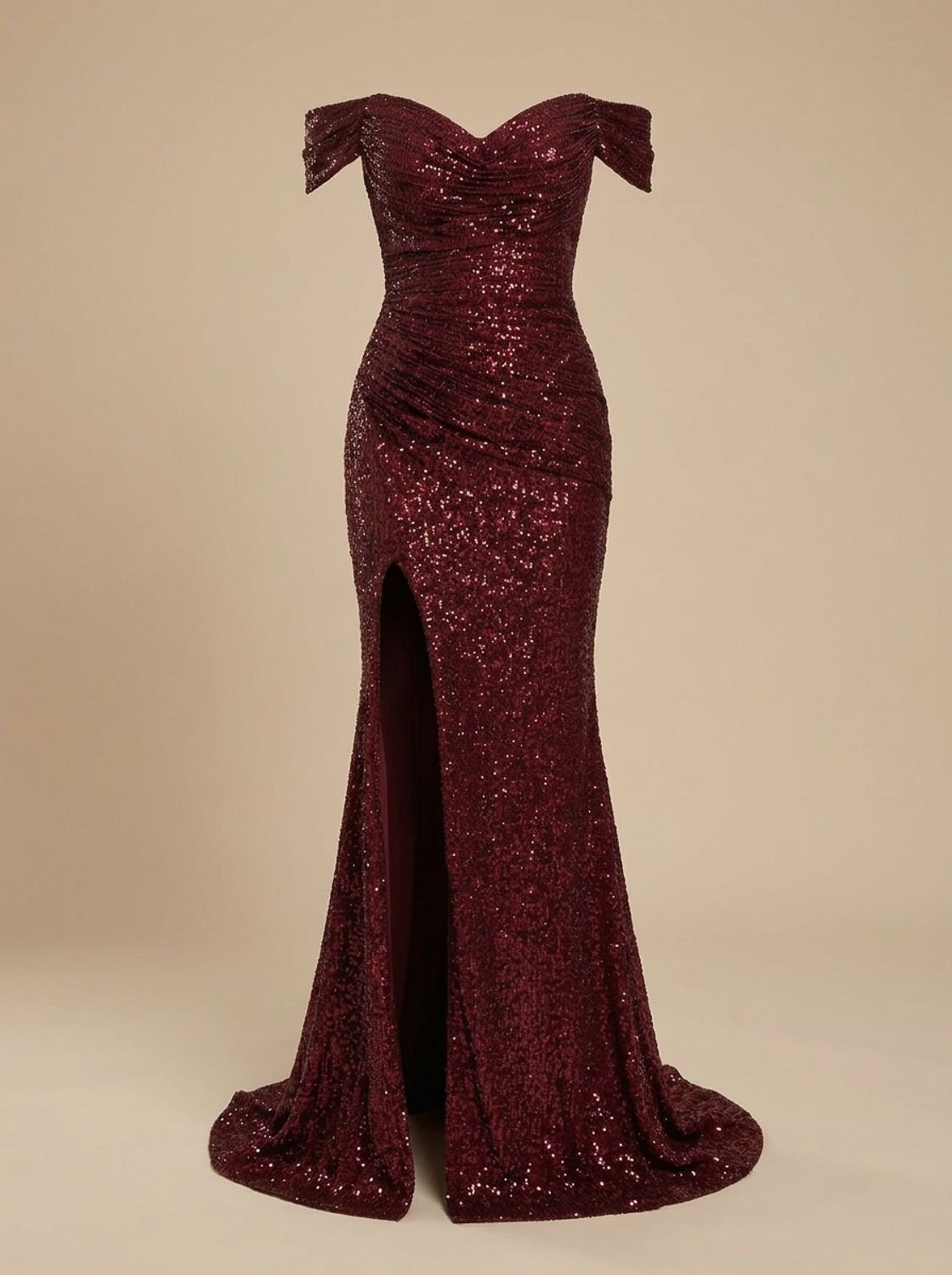 Off-shoulder maxi-kerstfeestjurk met pailletten en zijsplit voor dames