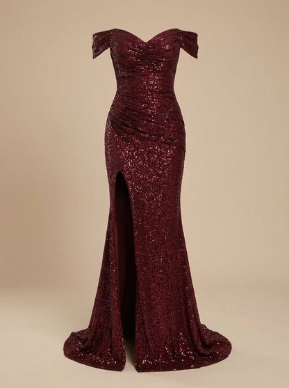 Off-shoulder maxi-kerstfeestjurk met pailletten en zijsplit voor dames