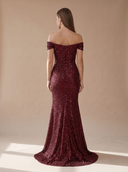 Off-shoulder maxi-kerstfeestjurk met pailletten en zijsplit voor dames