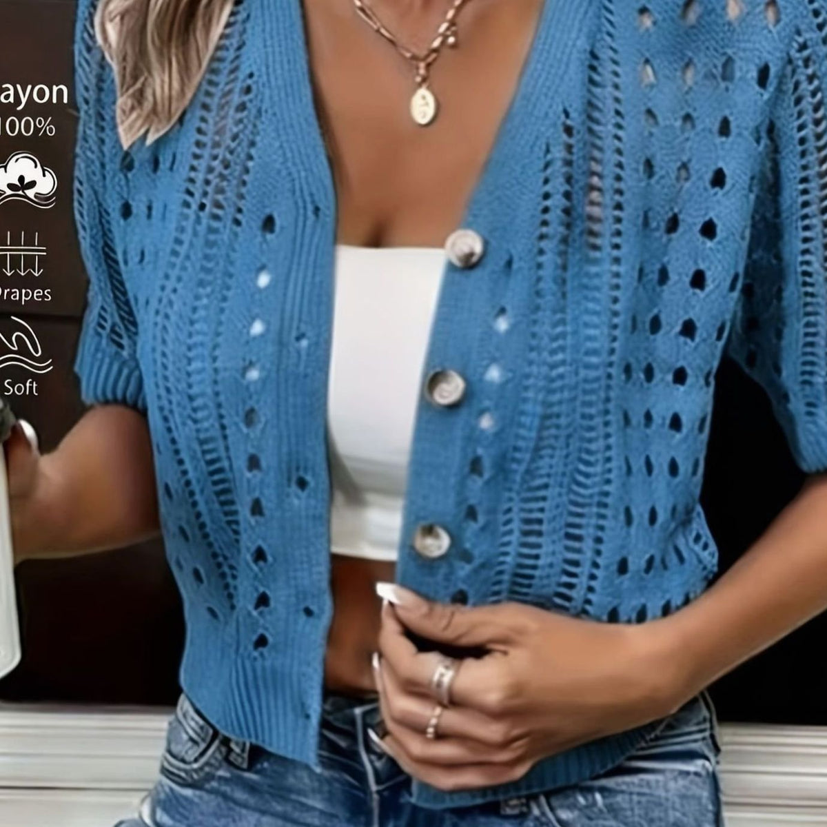 Opengewerkt cropped damesvest met korte mouwen en knopen