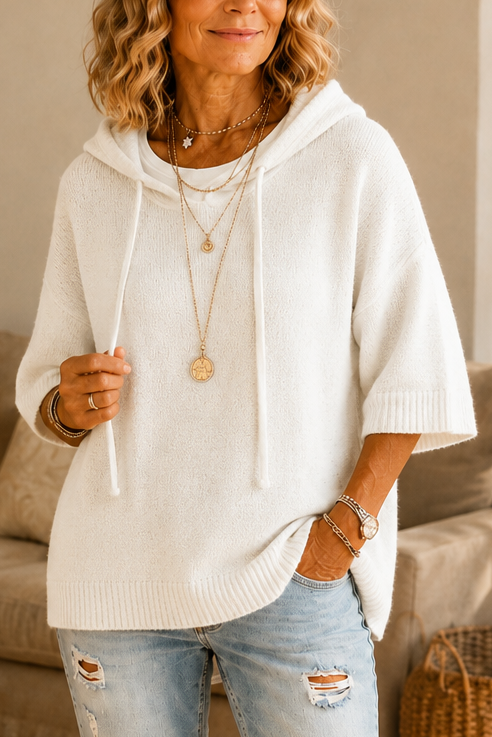 Opengewerkte gebreide hoodie met trekkoord en distressed-look