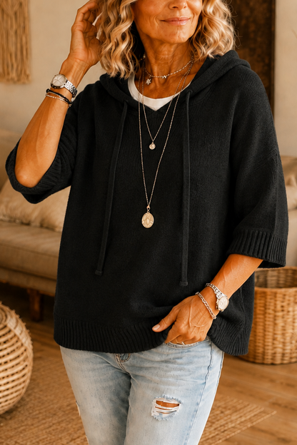 Opengewerkte gebreide hoodie met trekkoord en distressed-look