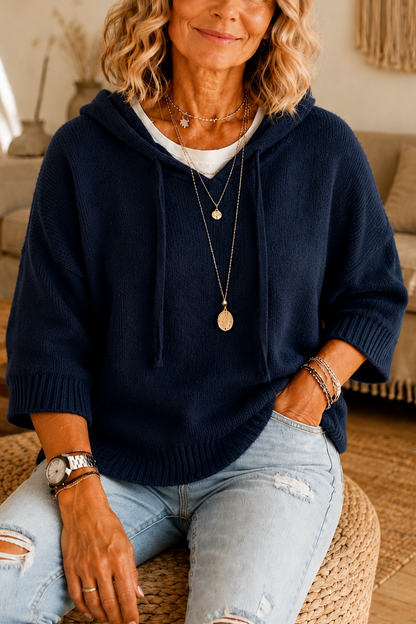 Opengewerkte gebreide hoodie met trekkoord en distressed-look
