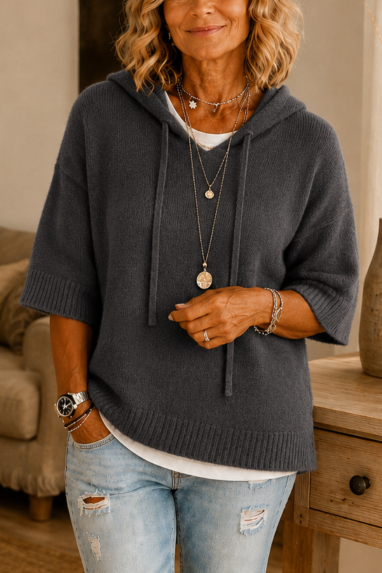 Opengewerkte gebreide hoodie met trekkoord en distressed-look