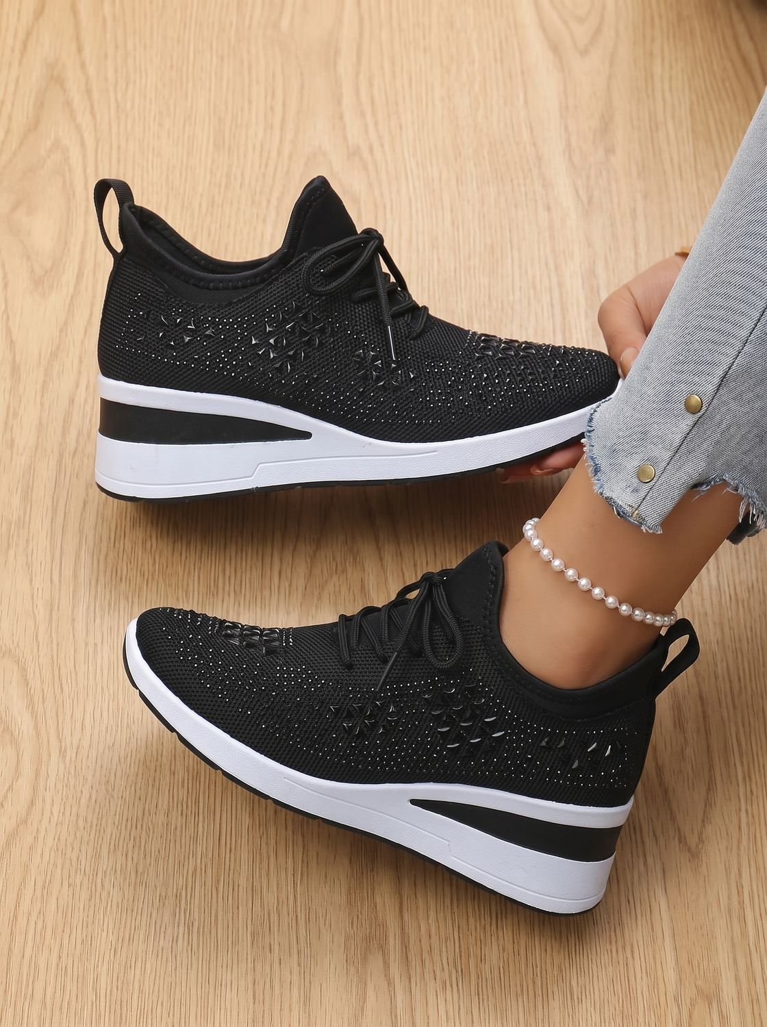 Orthopedische gebreide vetersneakers met sleehak en strass voor dames