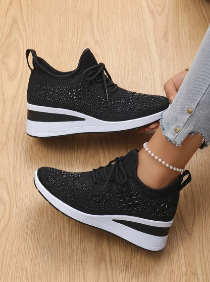 Orthopedische gebreide vetersneakers met sleehak en strass voor dames