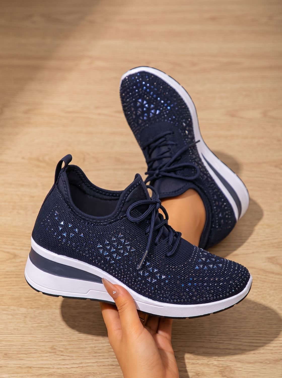 Orthopedische gebreide vetersneakers met sleehak en strass voor dames