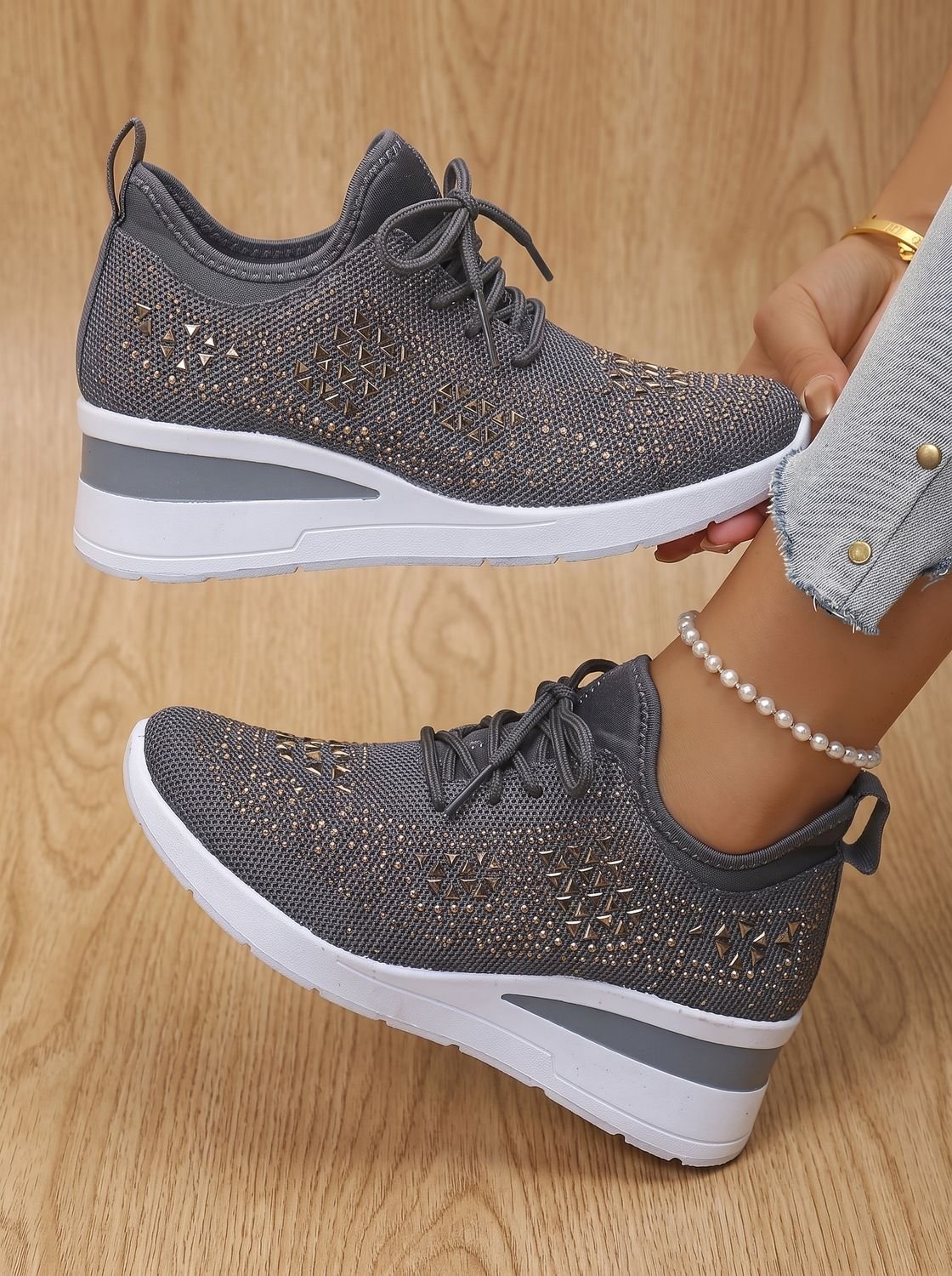Orthopedische gebreide vetersneakers met sleehak en strass voor dames