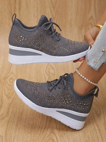 Orthopedische gebreide vetersneakers met sleehak en strass voor dames
