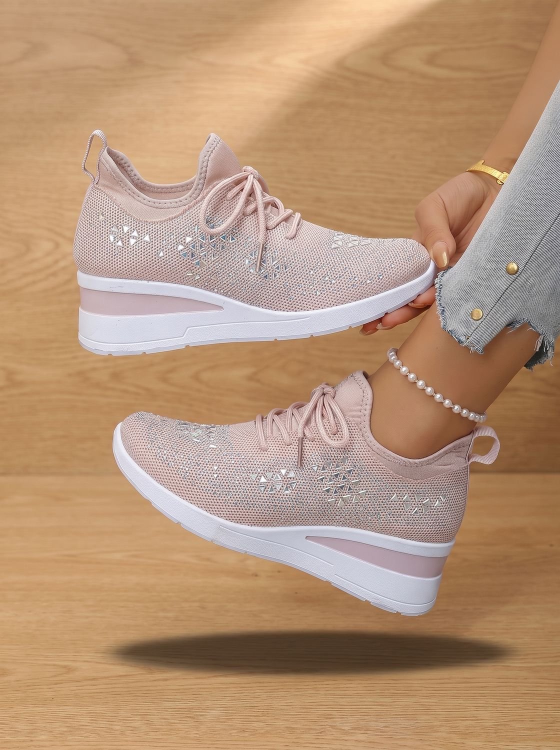 Orthopedische gebreide vetersneakers met sleehak en strass voor dames