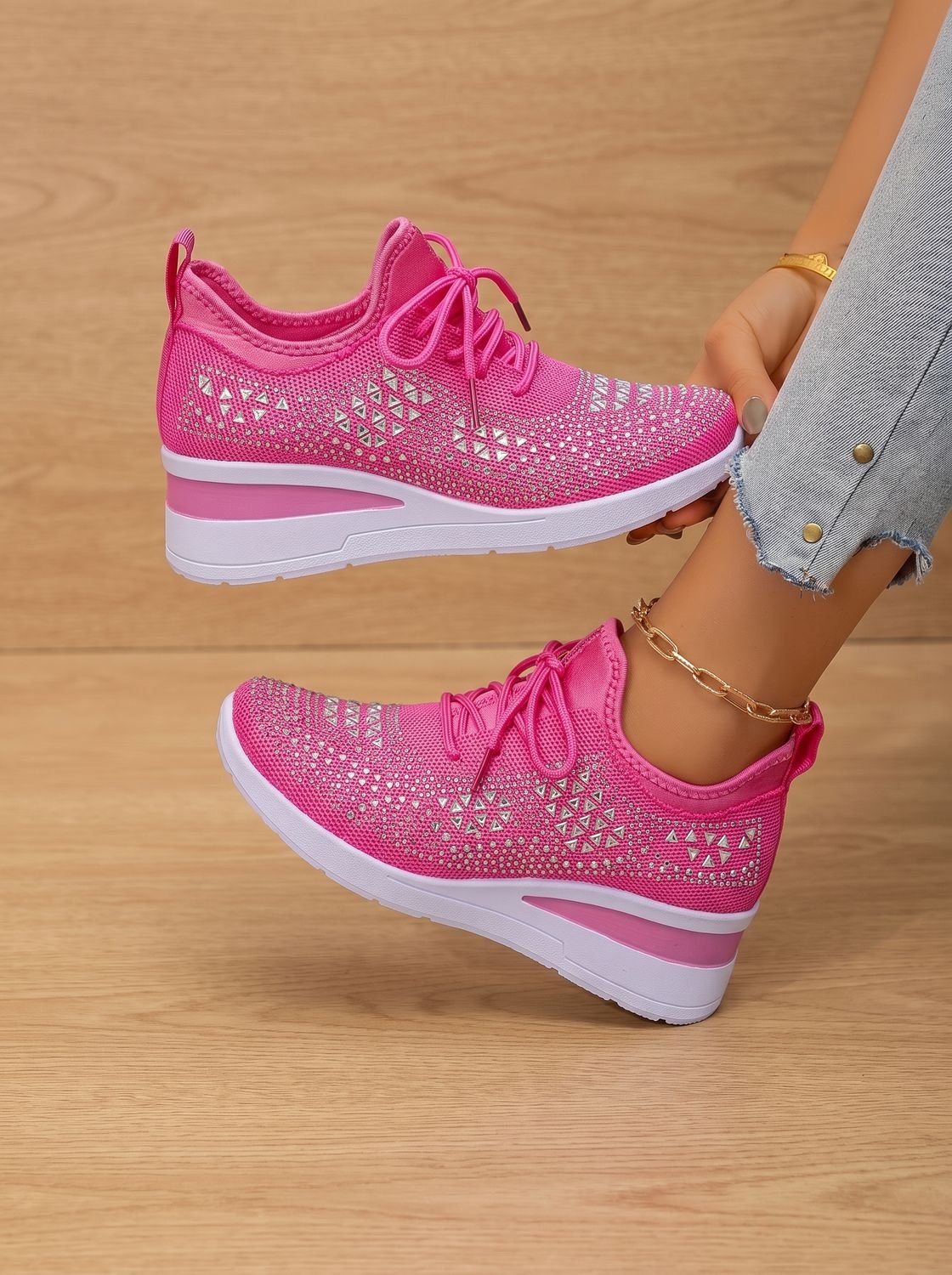 Orthopedische gebreide vetersneakers met sleehak en strass voor dames