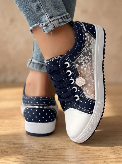 Orthopedische plateau-sneakers met veters en bloemenprint in mesh voor dames