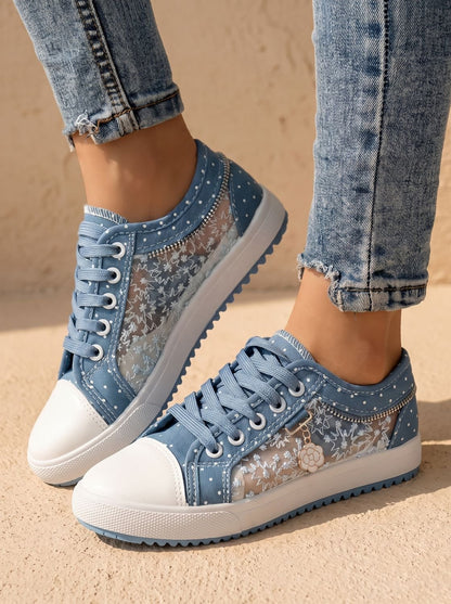 Orthopedische plateau-sneakers met veters en bloemenprint in mesh voor dames