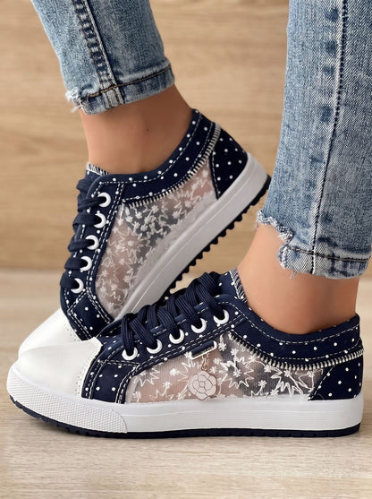 Orthopedische plateau-sneakers met veters en bloemenprint in mesh voor dames