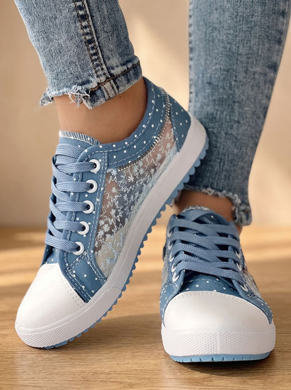 Orthopedische plateau-sneakers met veters en bloemenprint in mesh voor dames