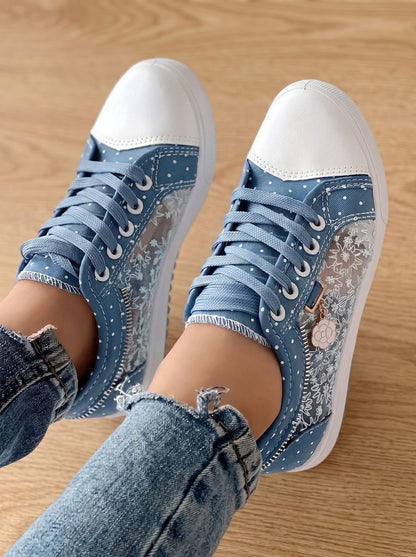 Orthopedische plateau-sneakers met veters en bloemenprint in mesh voor dames