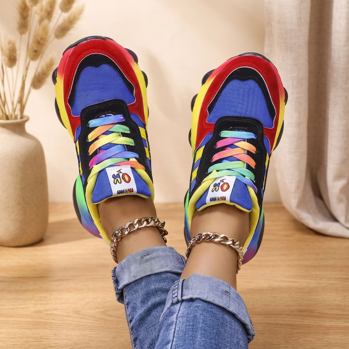 Orthopedische regenboogsneakers voor dames met dikke zool en veters