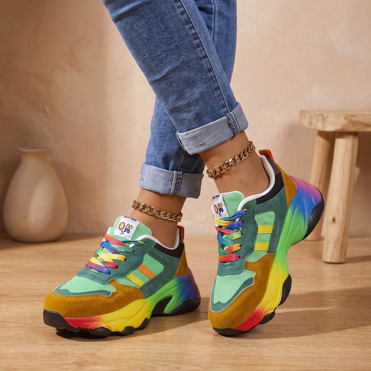 Orthopedische regenboogsneakers voor dames met dikke zool en veters