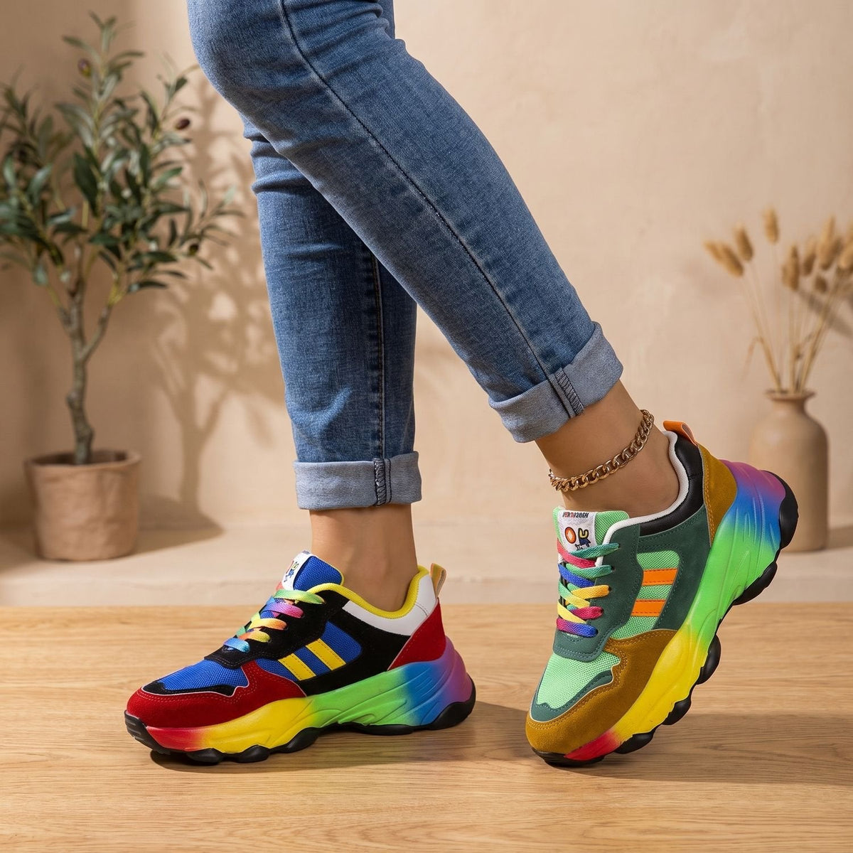 Orthopedische regenboogsneakers voor dames met dikke zool en veters