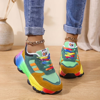 Orthopedische regenboogsneakers voor dames met dikke zool en veters