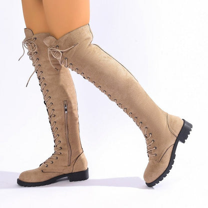 Overknee veterlaarzen voor dames met ritssluiting aan de zijkant, decoratieve vetersluiting en rubberen profielzool