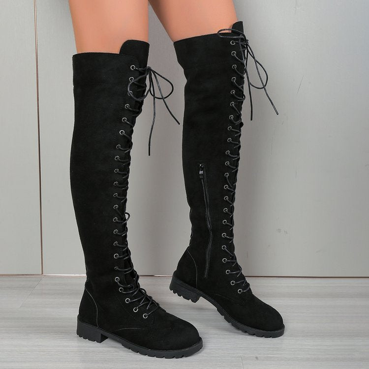 Overknee veterlaarzen voor dames met ritssluiting aan de zijkant, decoratieve vetersluiting en rubberen profielzool
