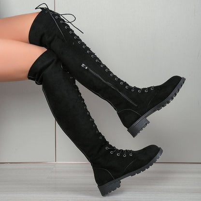 Overknee veterlaarzen voor dames met ritssluiting aan de zijkant, decoratieve vetersluiting en rubberen profielzool