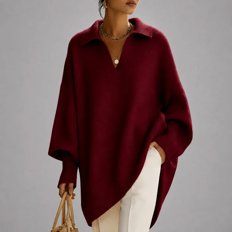 Oversized damestrui in ponchostijl met polokraag, V-hals en lange mouwen