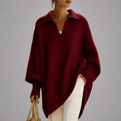 Oversized damestrui in ponchostijl met polokraag, V-hals en lange mouwen