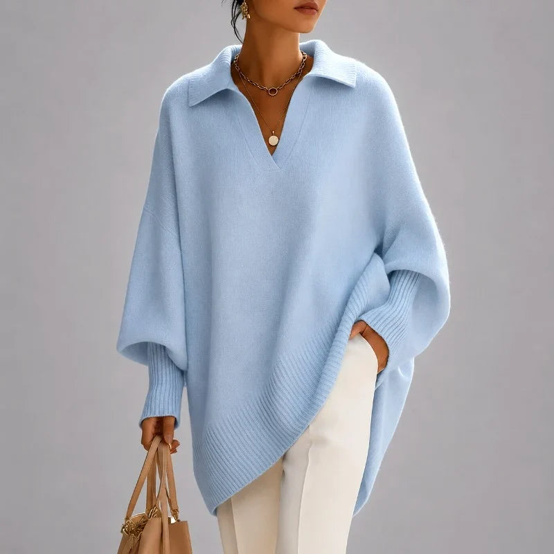 Oversized damestrui in ponchostijl met polokraag, V-hals en lange mouwen