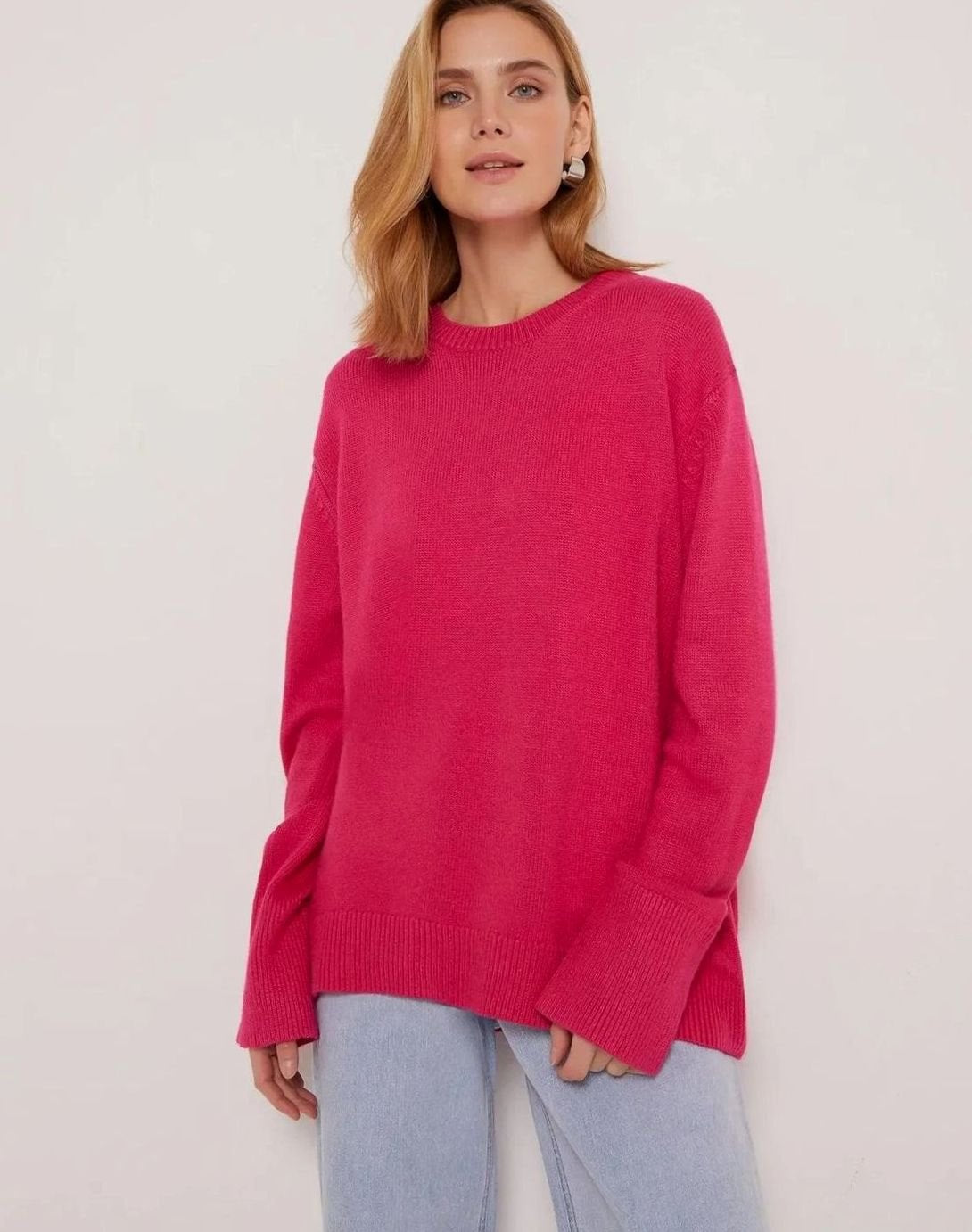 Oversized fijngebreide damestrui met ronde hals en lange mouwen