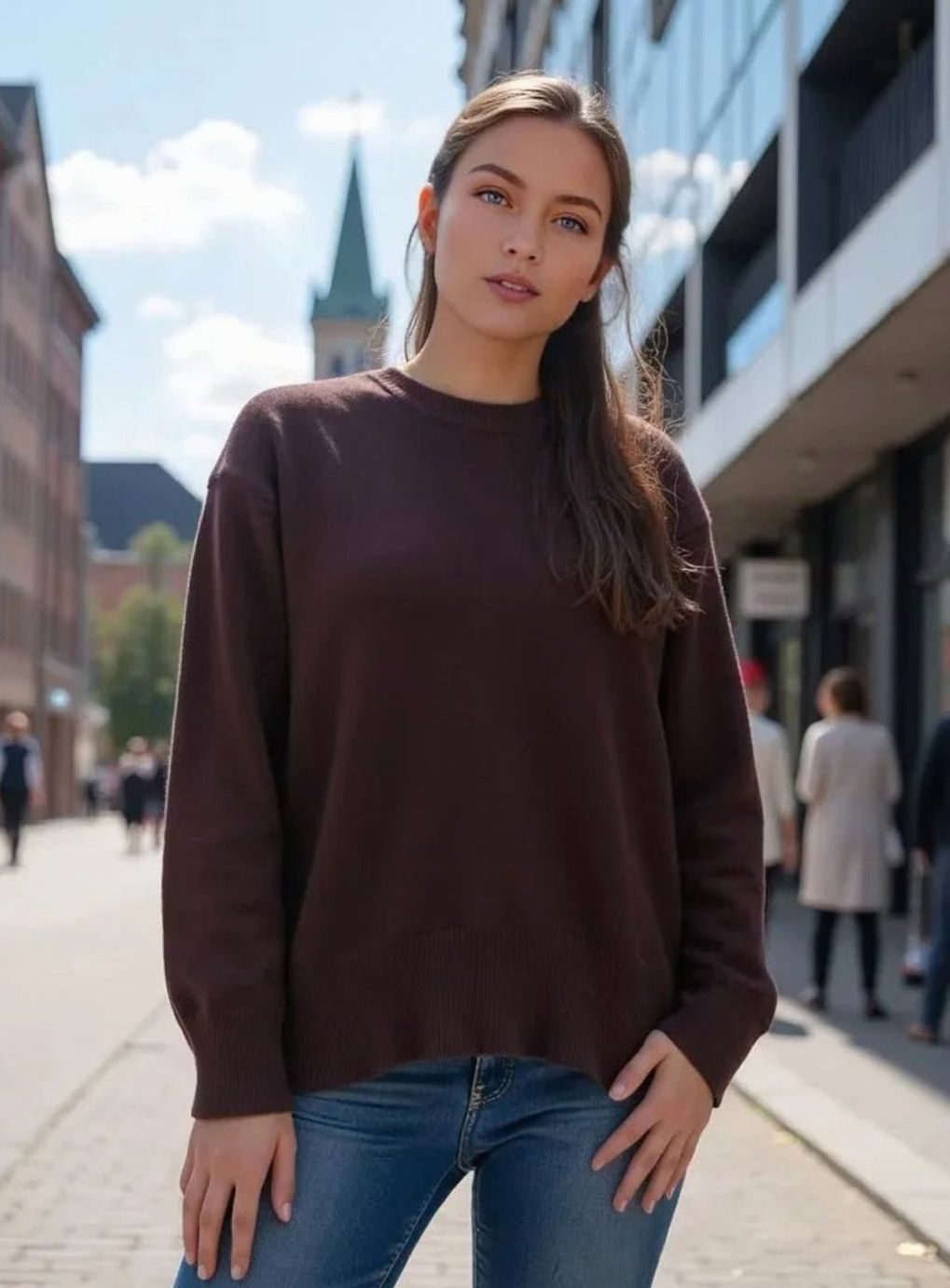 Oversized fijngebreide damestrui met ronde hals en lange mouwen