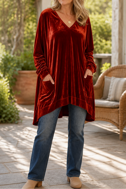 Oversized fluweellook tuniek met V-hals en zakken