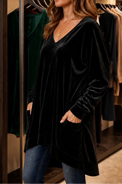 Oversized fluweellook tuniek met V-hals en zakken