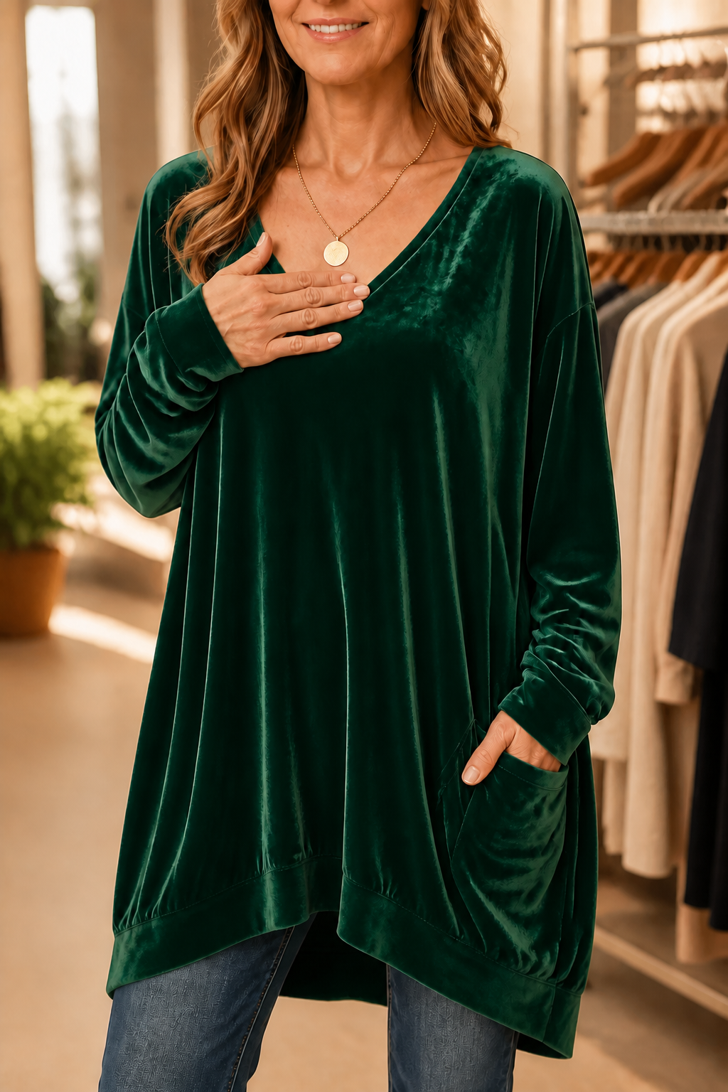 Oversized fluweellook tuniek met V-hals en zakken