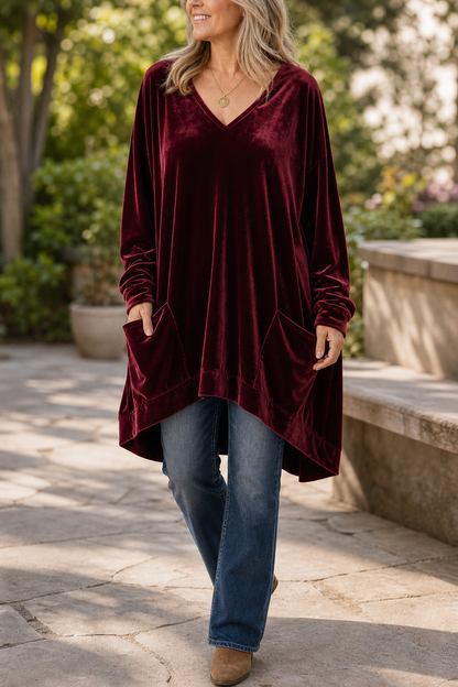Oversized fluweellook tuniek met V-hals en zakken