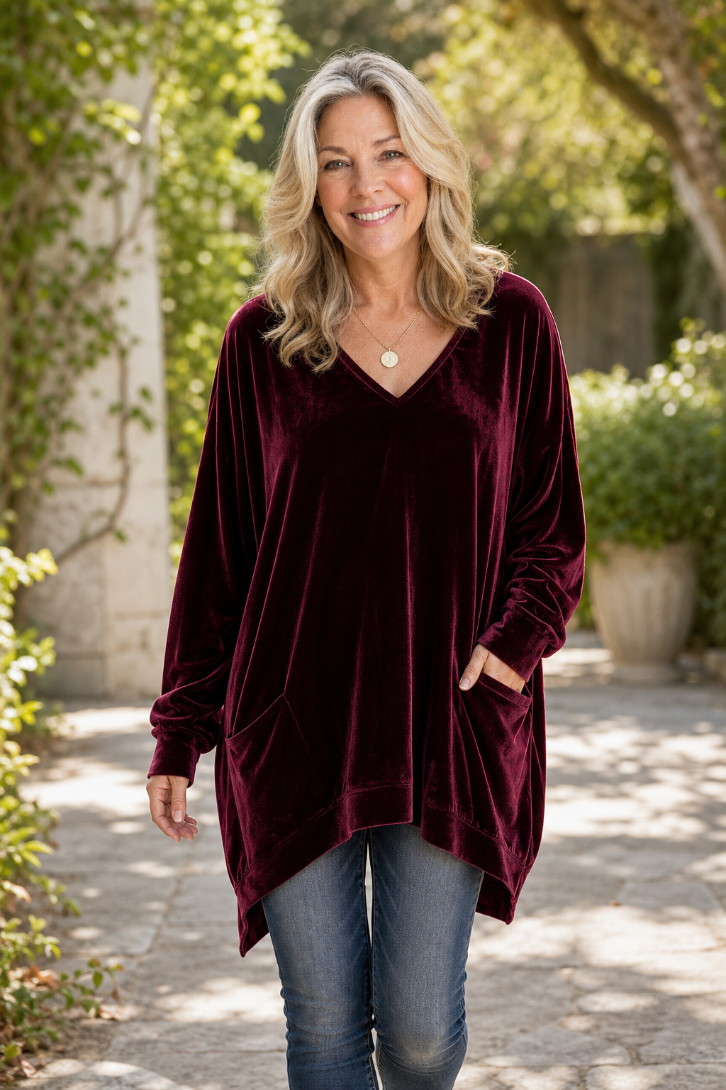 Oversized fluweellook tuniek met V-hals en zakken