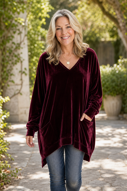 Oversized fluweellook tuniek met V-hals en zakken