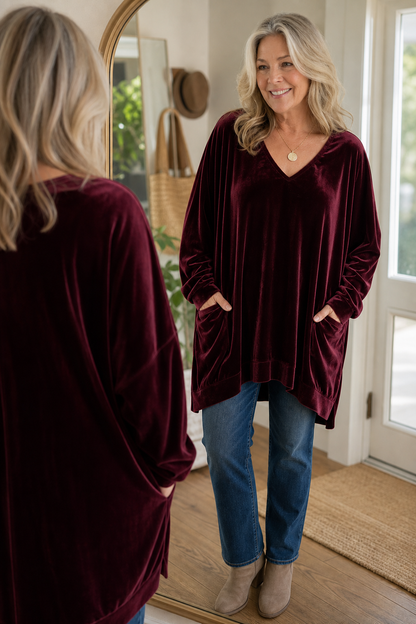 Oversized fluweellook tuniek met V-hals en zakken