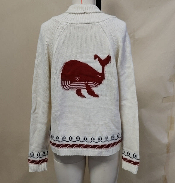 Oversized gebreid damesvest met walvismotief en nautische contrastbies