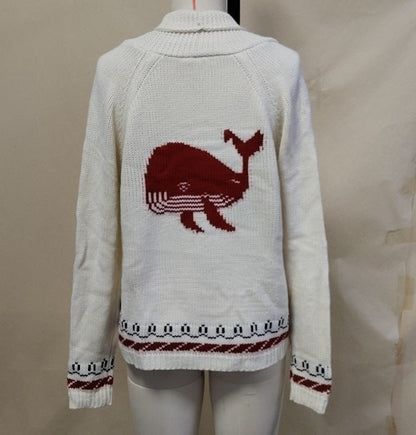 Oversized gebreid damesvest met walvismotief en nautische contrastbies