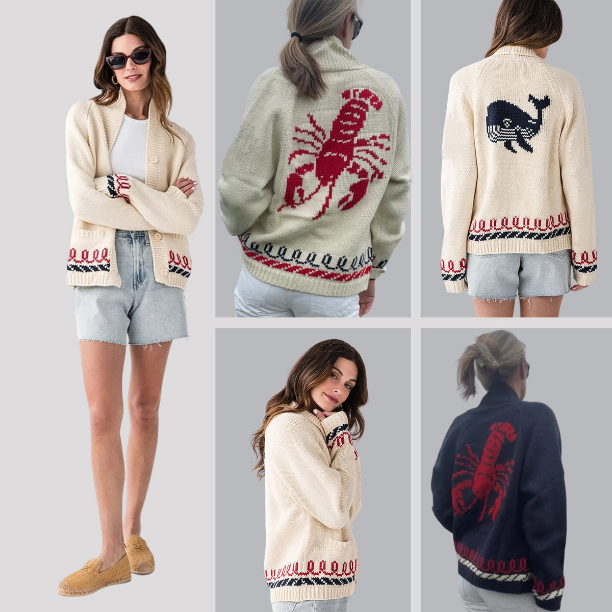 Oversized gebreid damesvest met walvismotief en nautische contrastbies