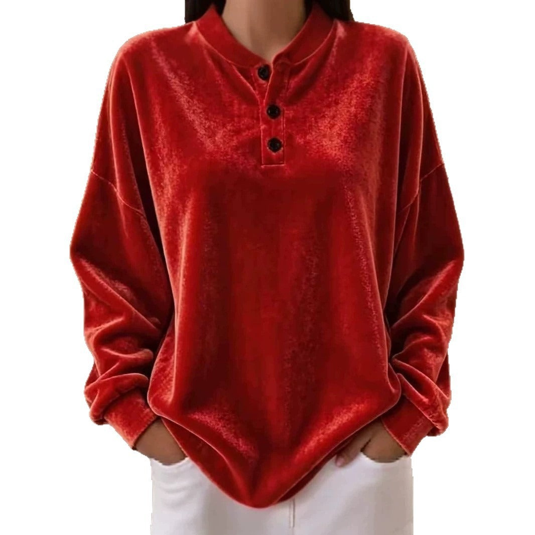 Oversized Henley-sweatshirt voor dames met fluweeleffect, knopenlijst en verlaagde schouders