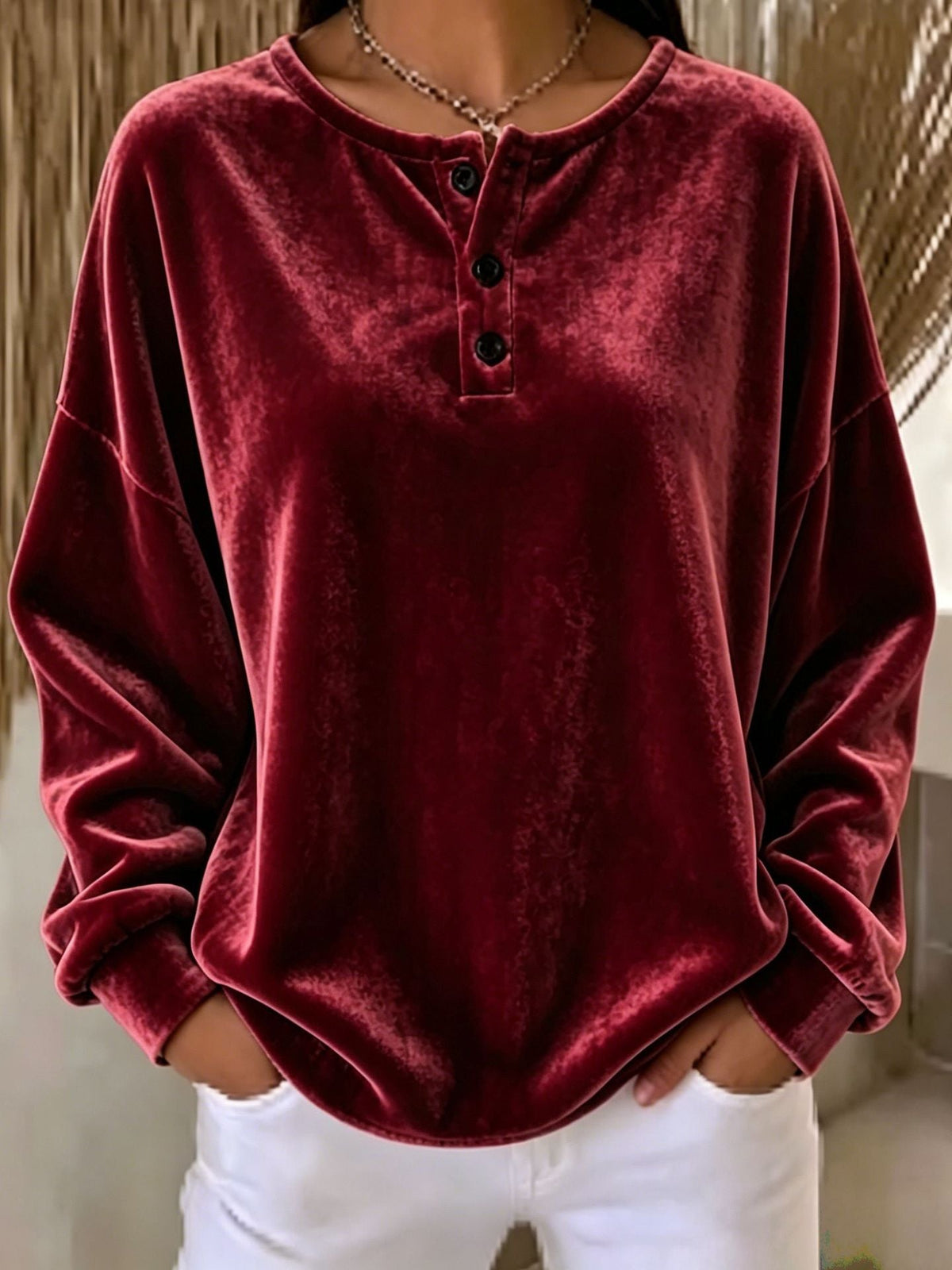Oversized Henley-sweatshirt voor dames met fluweeleffect, knopenlijst en verlaagde schouders